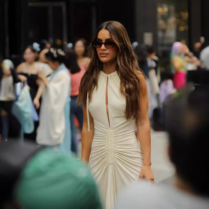Sleeveless Round Neck Tied Pleated Dress
