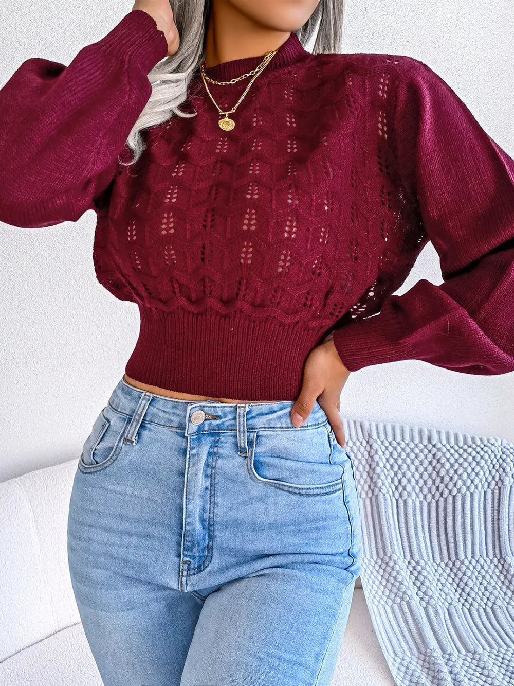 Aurelia Mock Neck Sweater – Cropped Openwork Knit