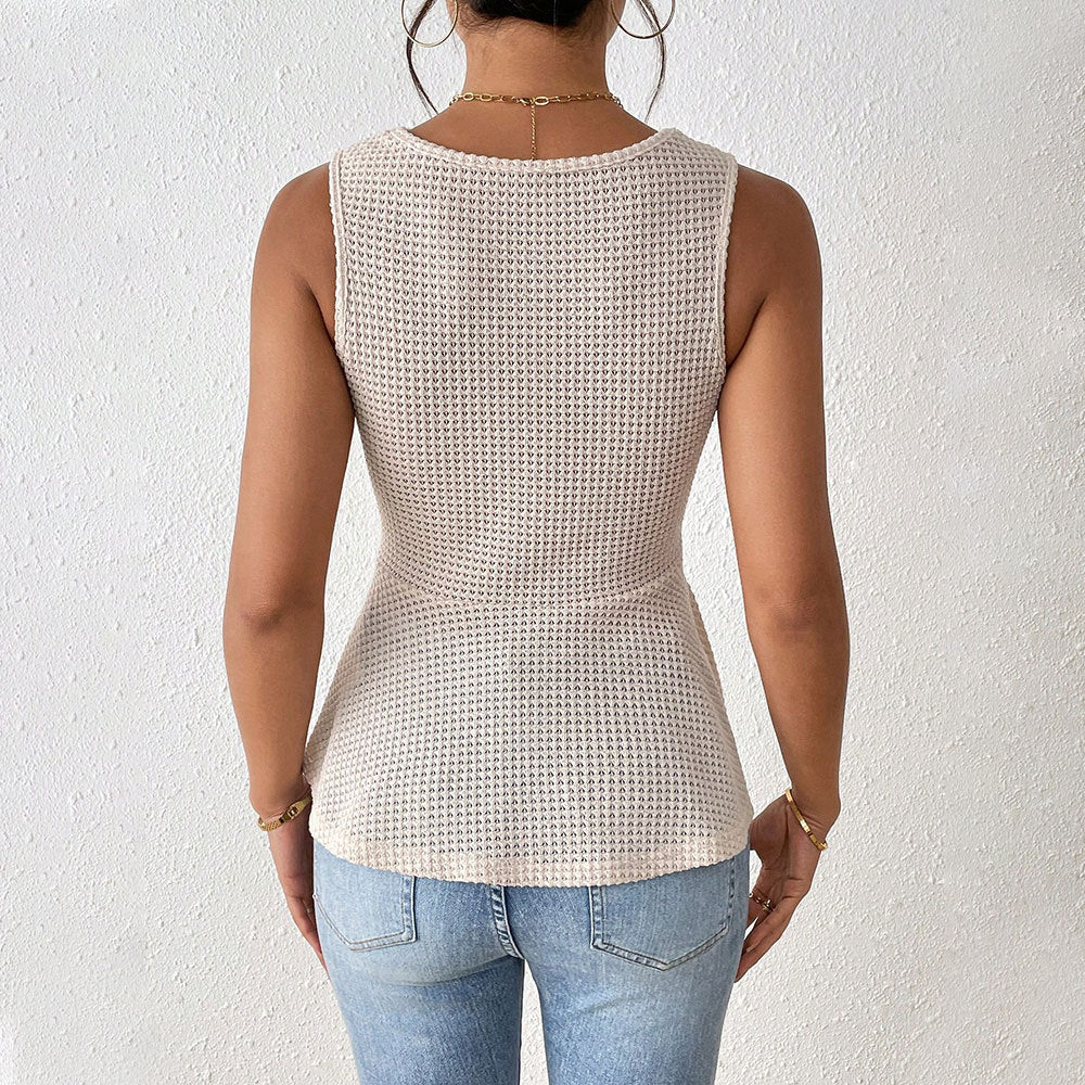Pleated V-Neck Sleeveless Cinched-Waist Top