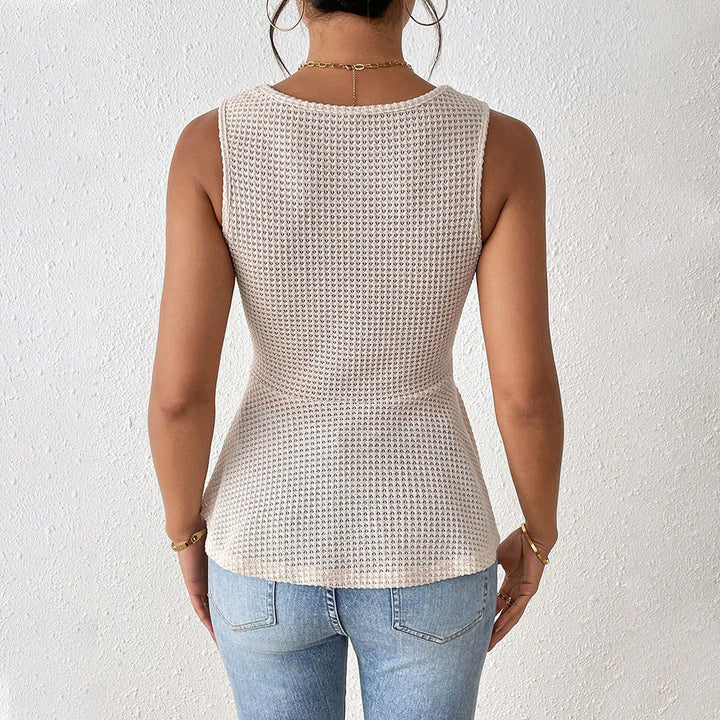 Pleated V-Neck Sleeveless Cinched-Waist Top