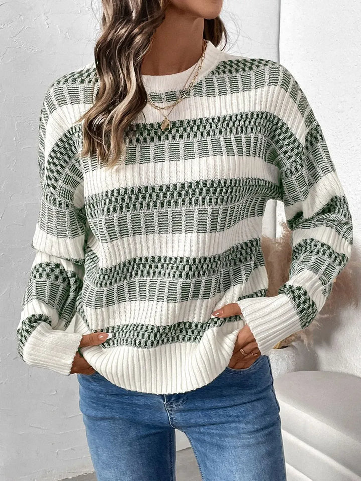Sage Stripe Sweater – Contrast Knit Crewneck Pullover