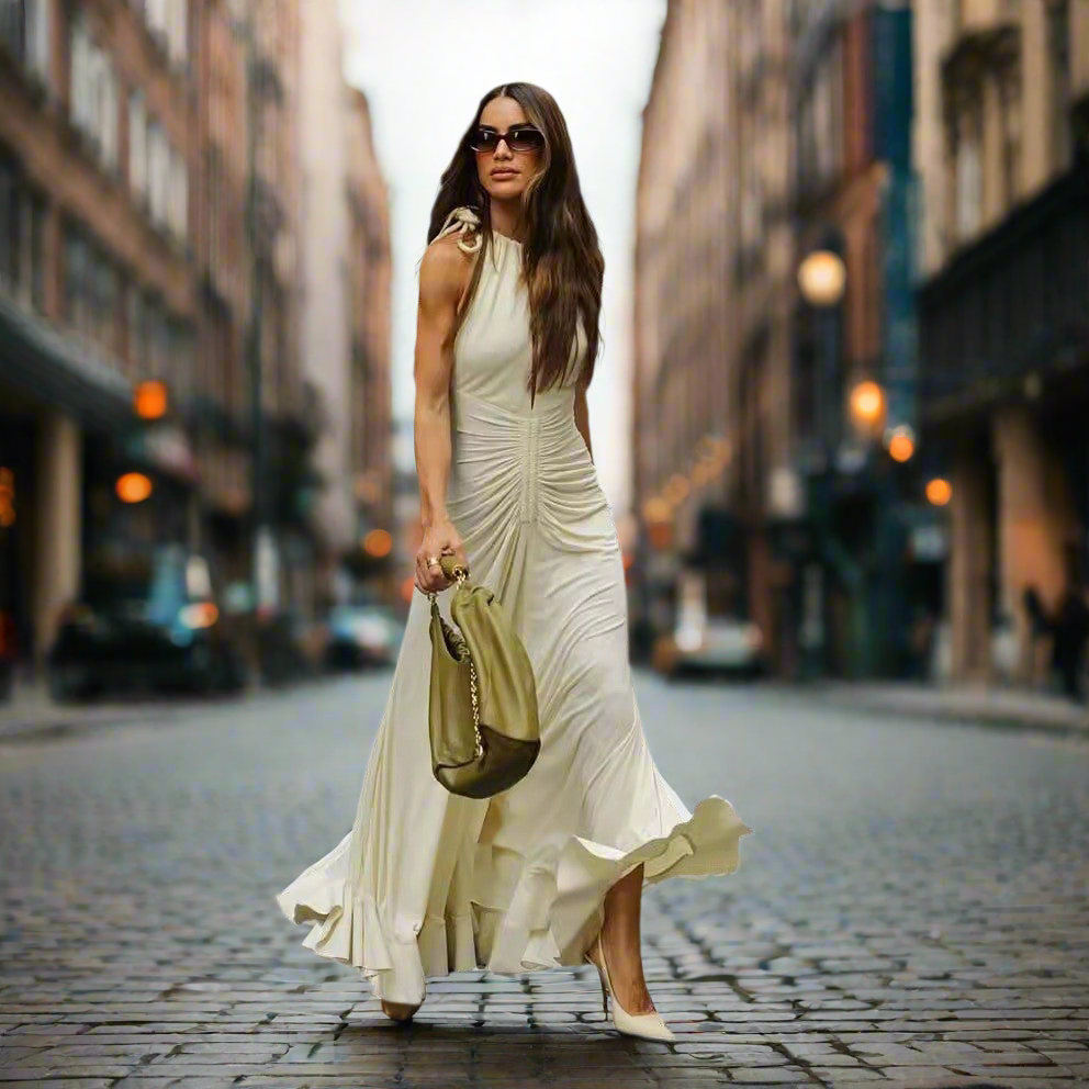 Sleeveless Round Neck Tied Pleated Dress