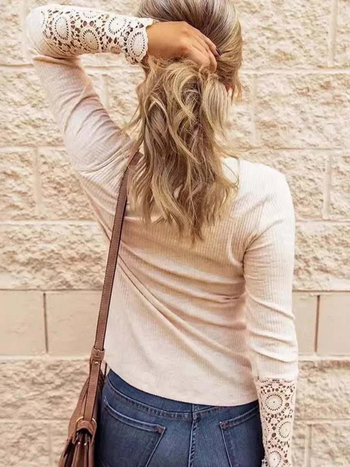 Elara Lace Cuff Henley – Soft Knit Elegance