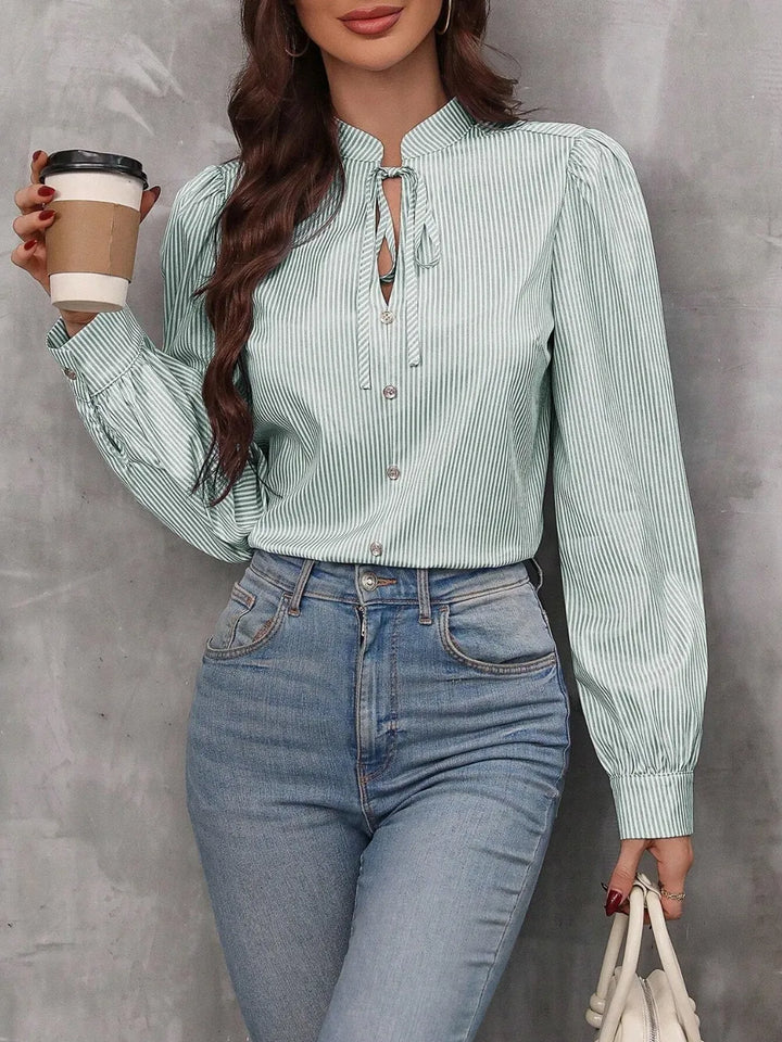 Striped Tie Neck Cotton Blend Shirt