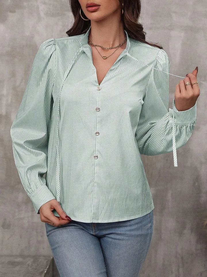 Striped Tie Neck Cotton Blend Shirt