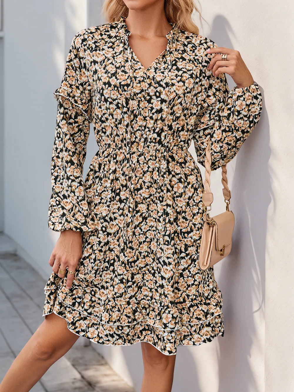 Meadow Bloom Tie-Neck Floral Mini Dress