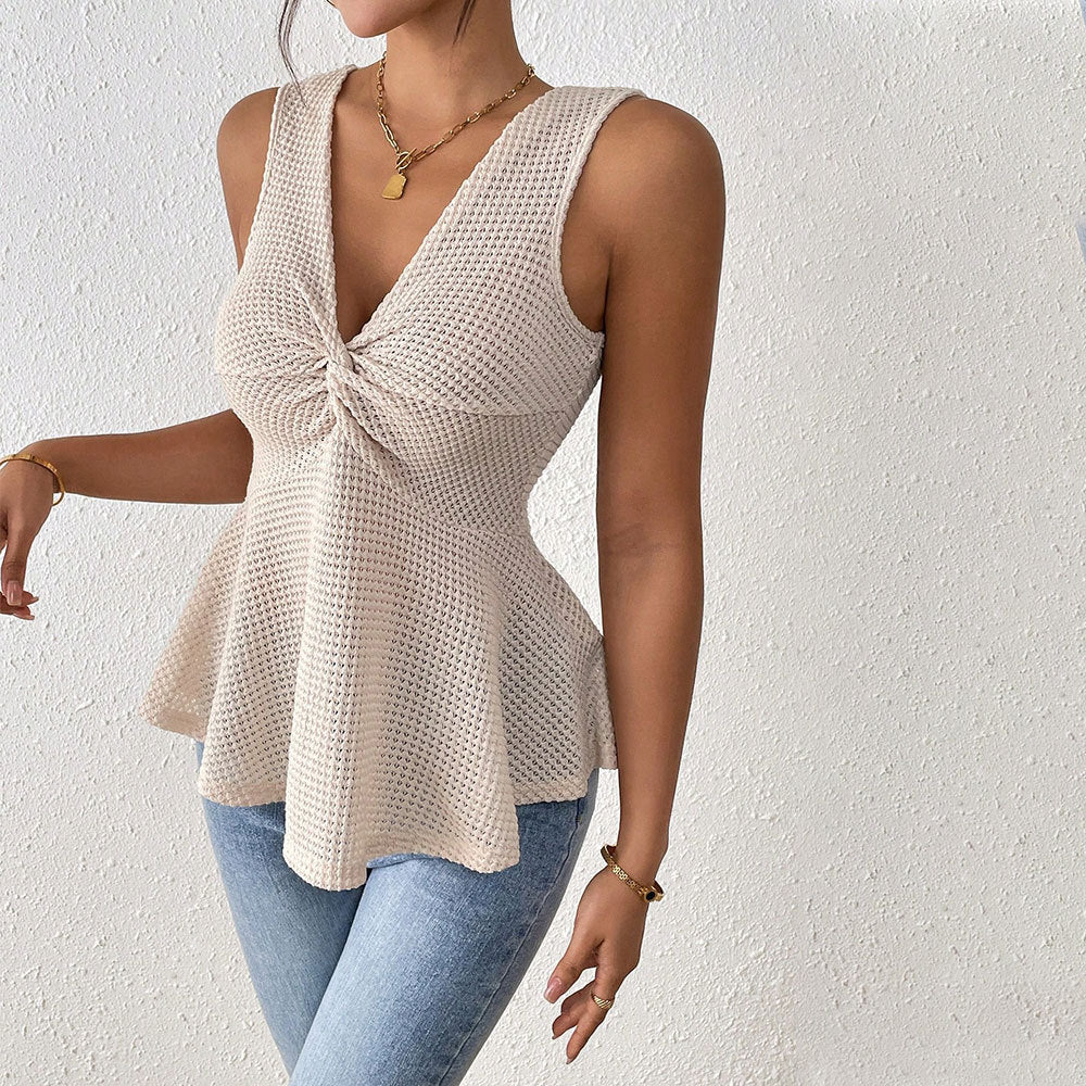 Pleated V-Neck Sleeveless Cinched-Waist Top