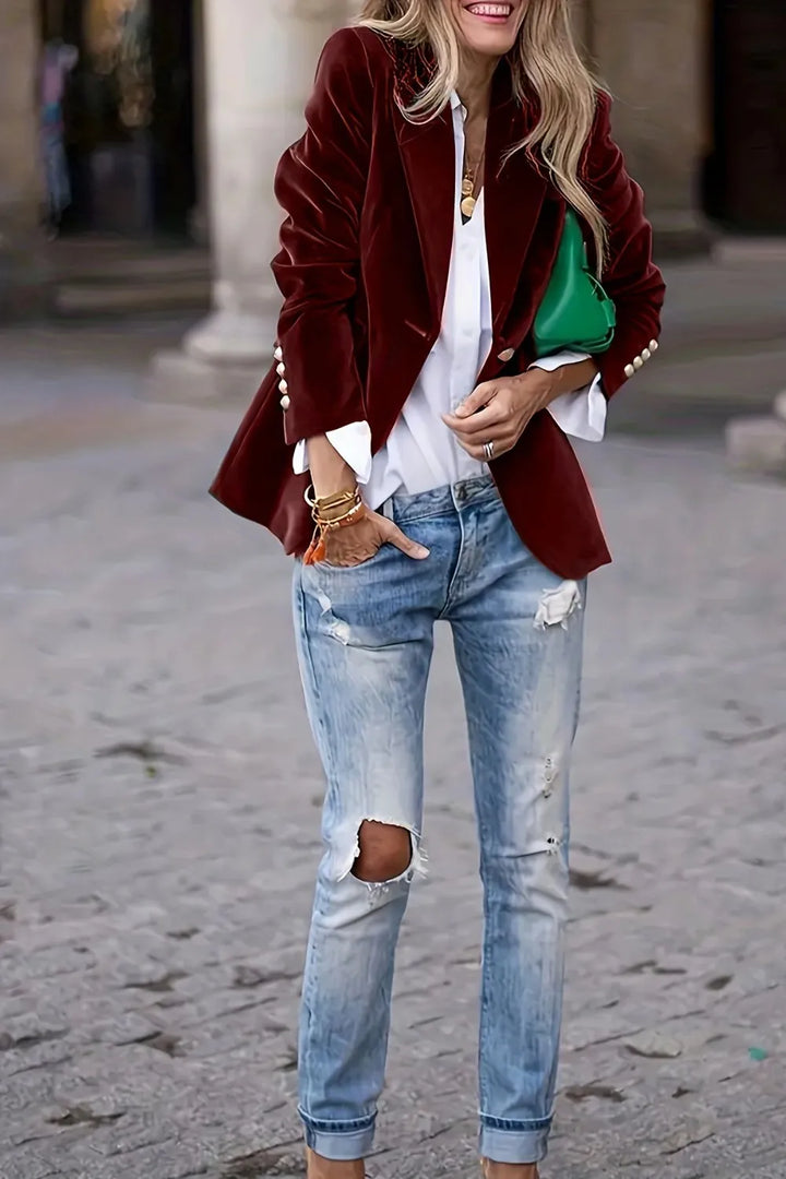 Veluxe Single-Button Blazer – Tailored Velvet Elegance