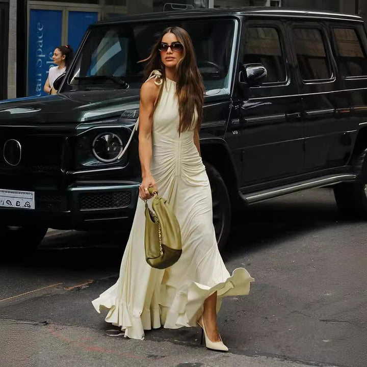 Sleeveless Round Neck Tied Pleated Dress