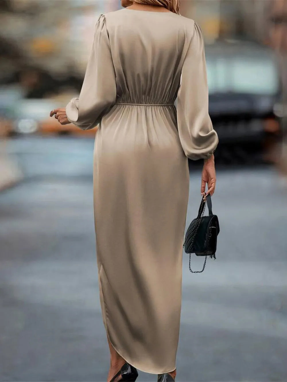 Silken Drape Midi – High-Low Surplice Elegance