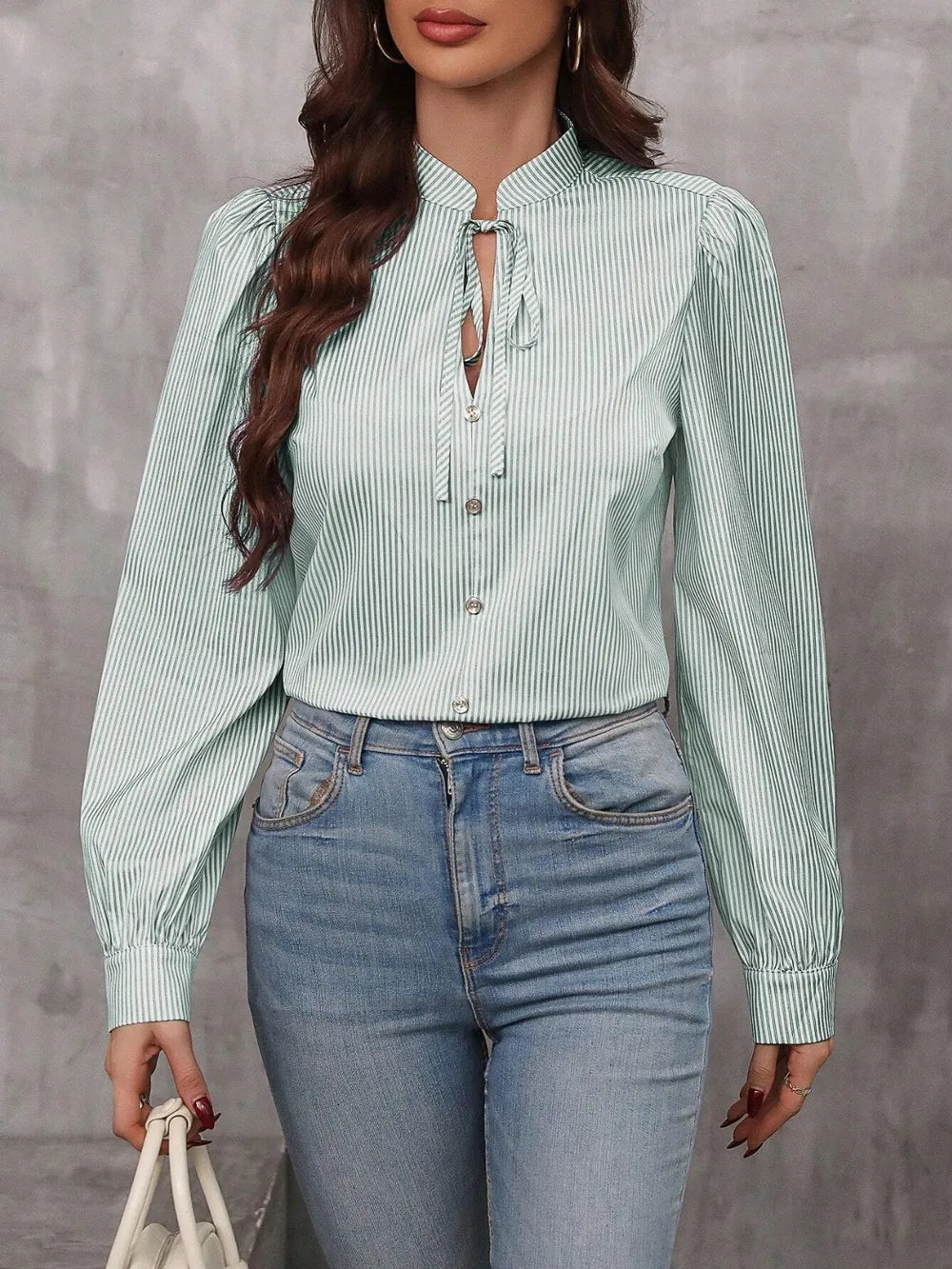 Striped Tie Neck Cotton Blend Shirt