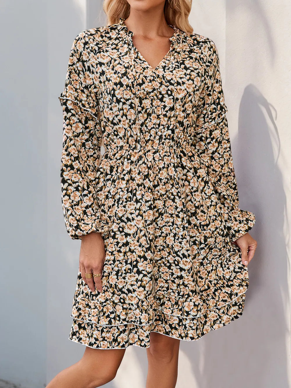 Meadow Bloom Tie-Neck Floral Mini Dress