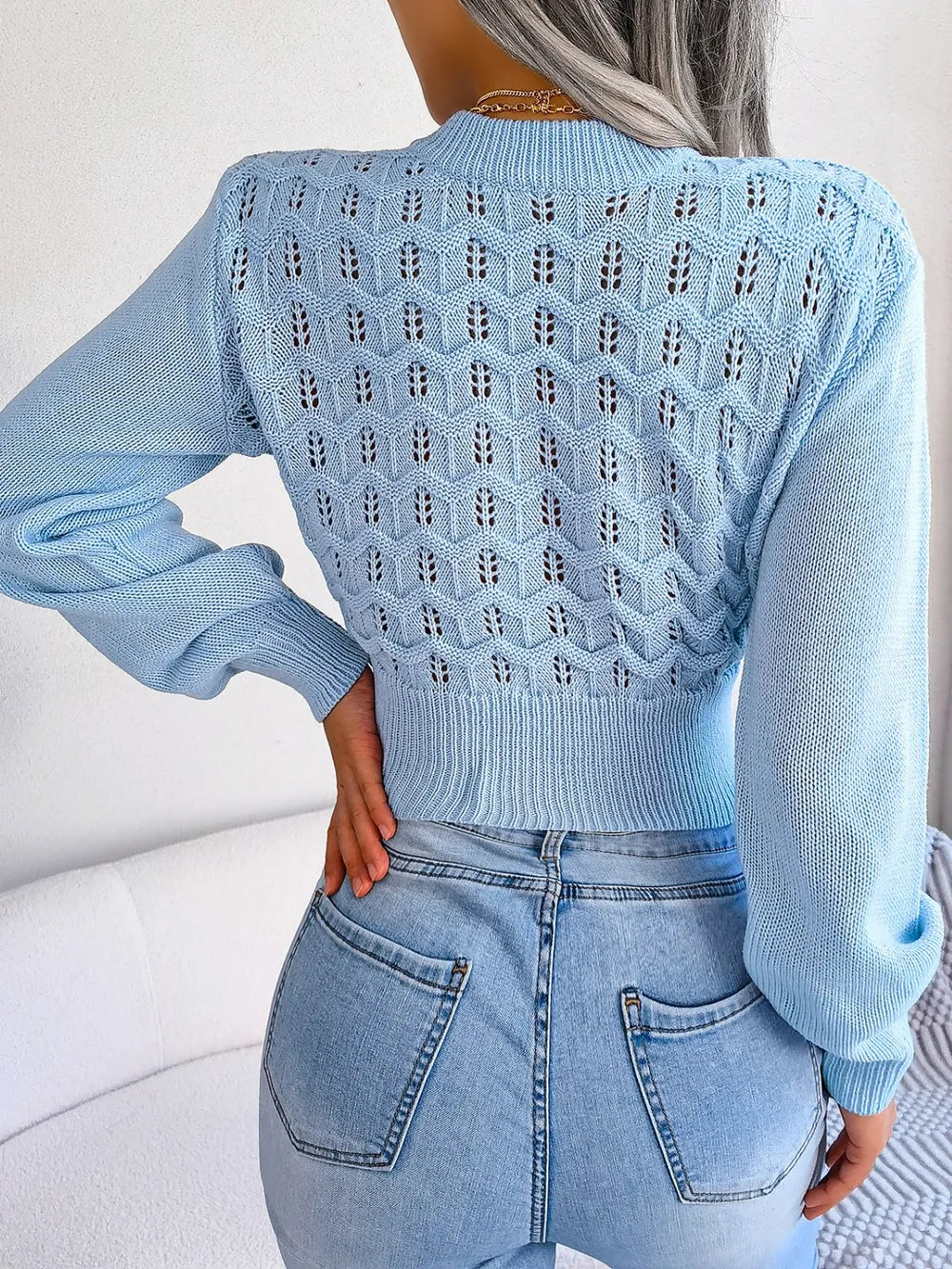 Aurelia Mock Neck Sweater – Cropped Openwork Knit
