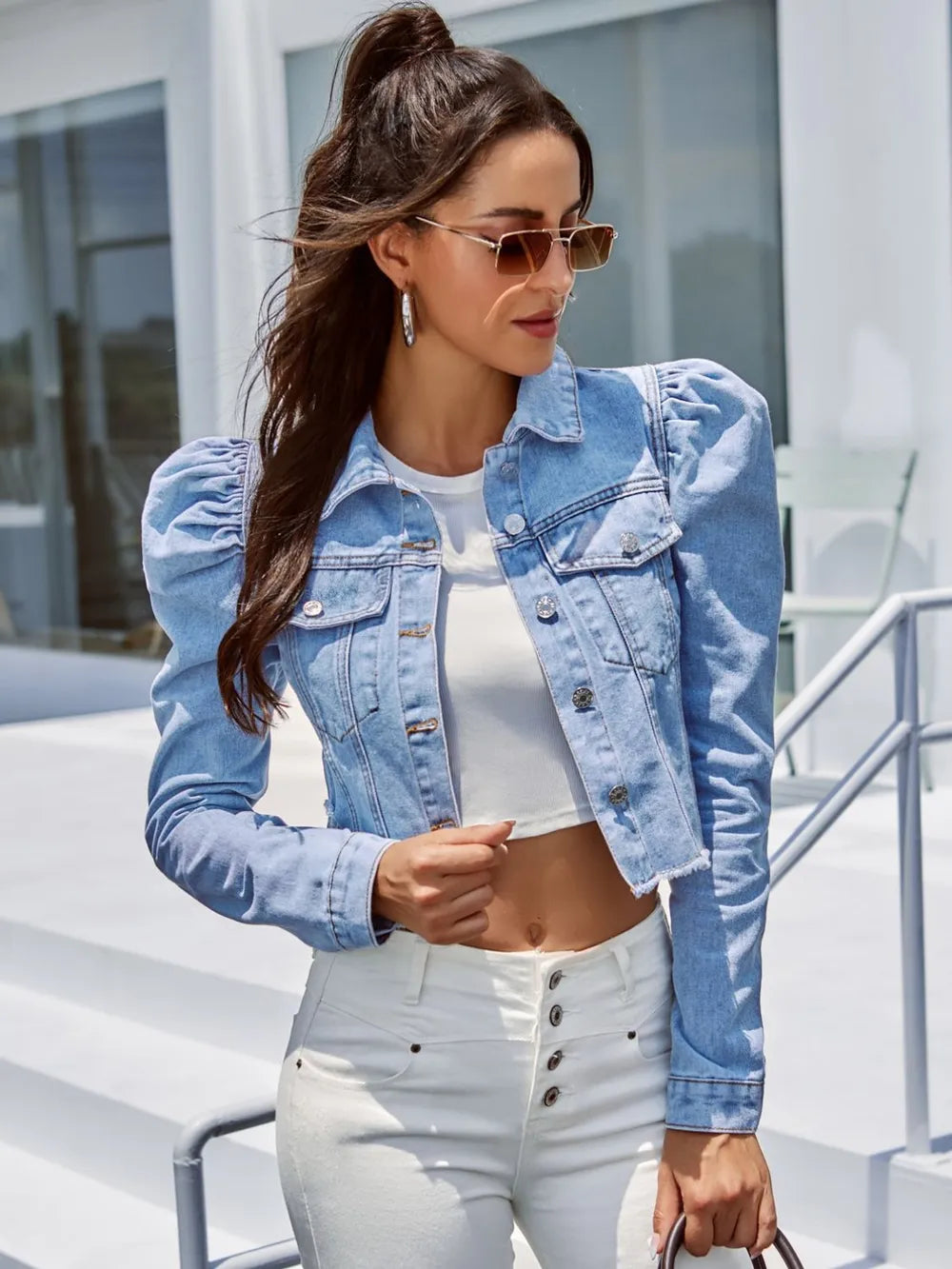 Cropped Denim Jacket with Raw Hem