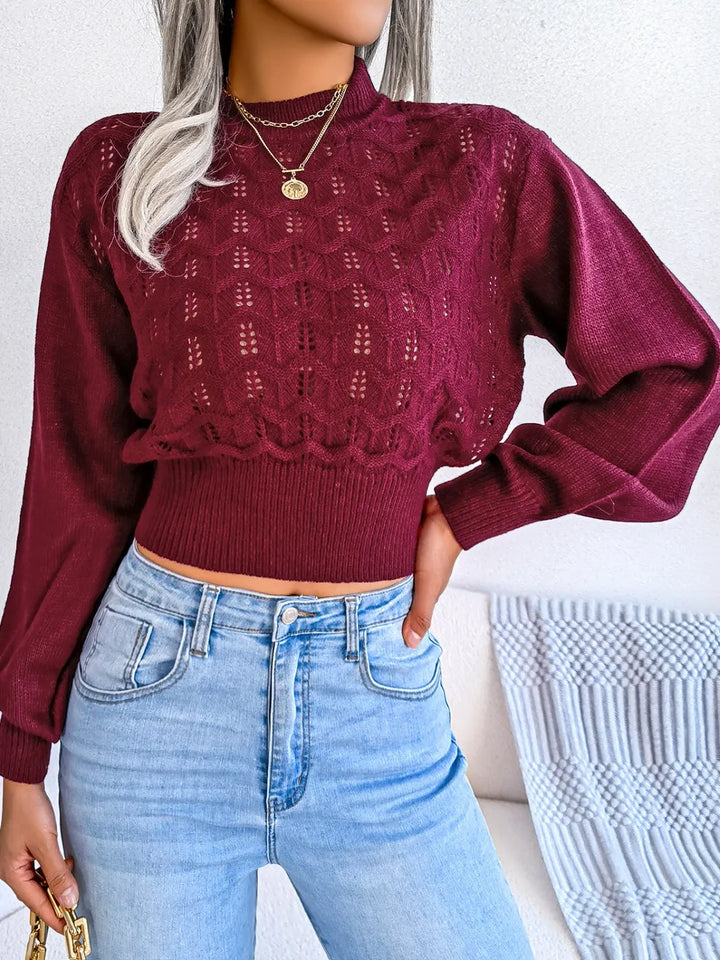 Aurelia Mock Neck Sweater – Cropped Openwork Knit
