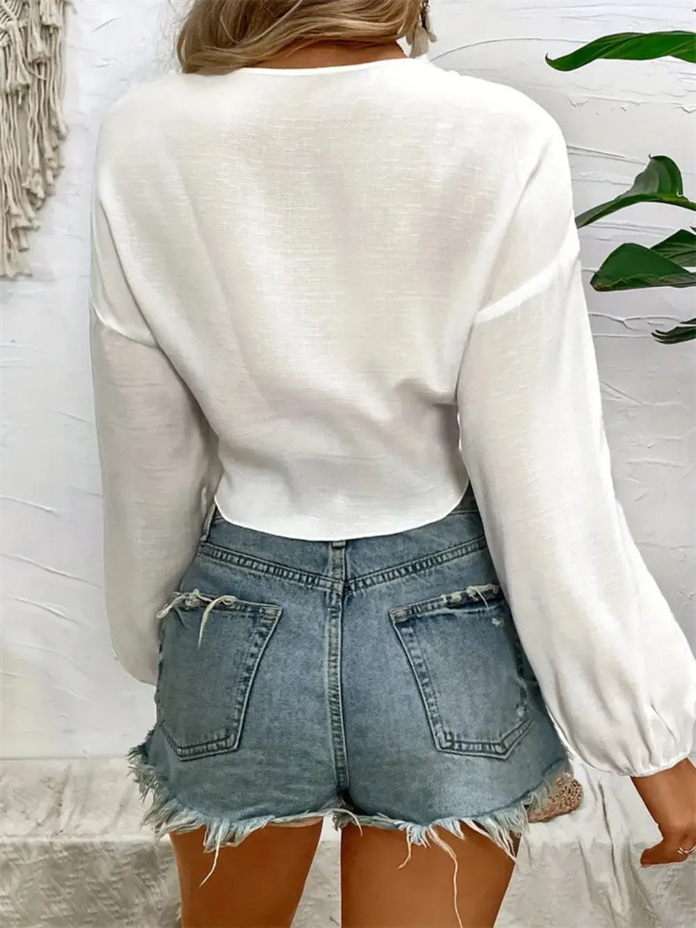 Tied V-Neck Cropped Blouse