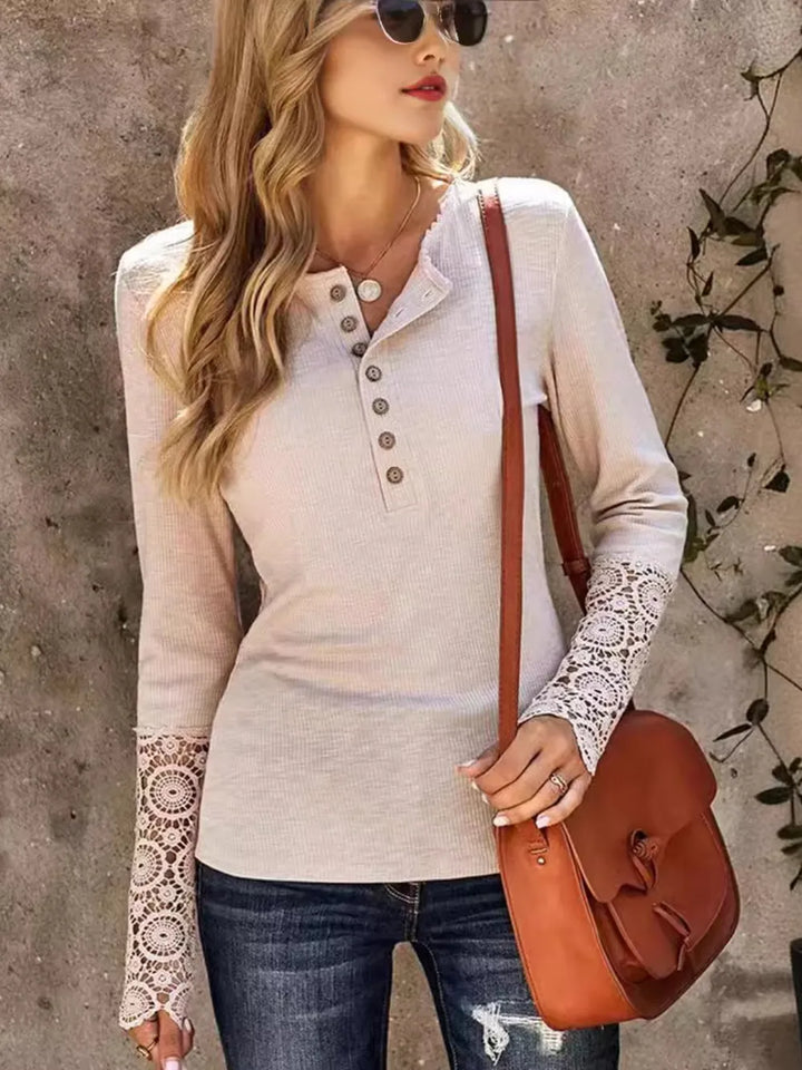 Elara Lace Cuff Henley – Soft Knit Elegance