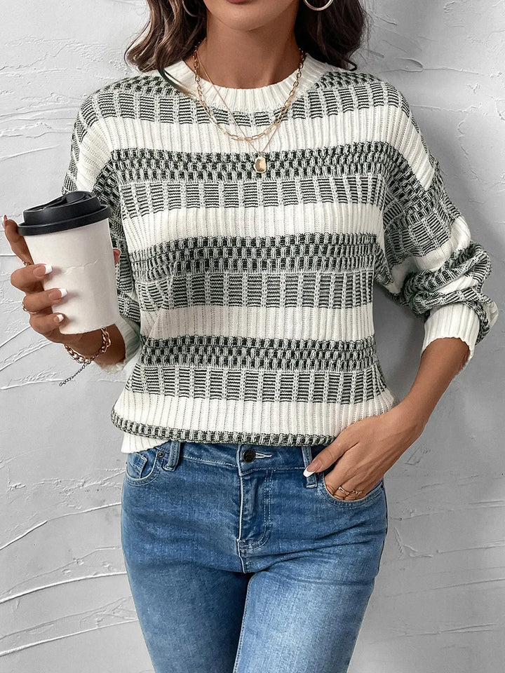 Sage Stripe Sweater – Contrast Knit Crewneck Pullover