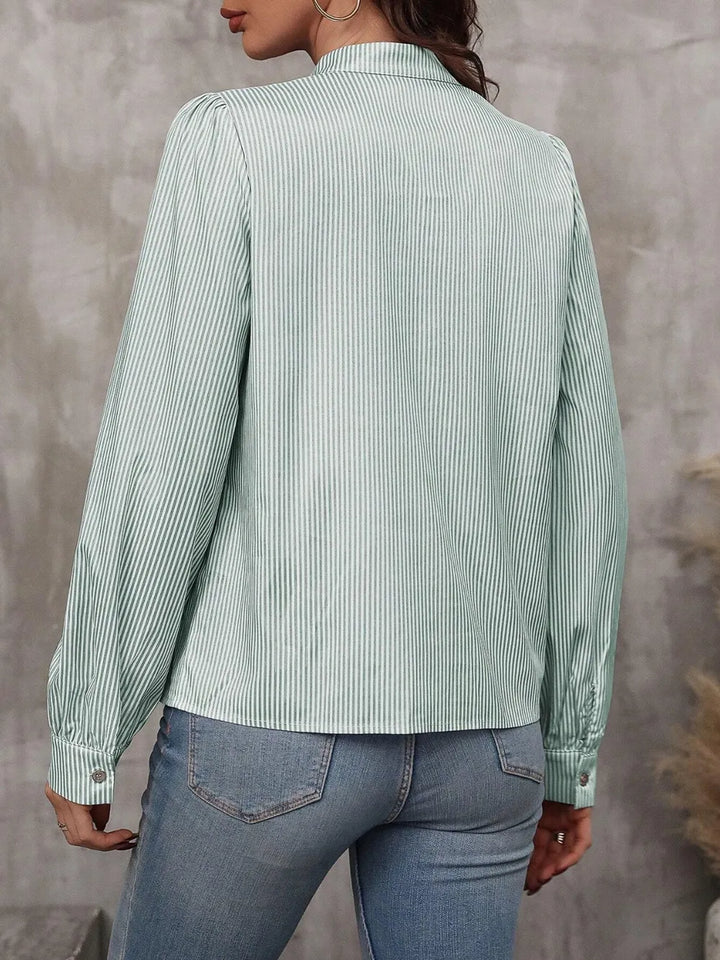 Striped Tie Neck Cotton Blend Shirt