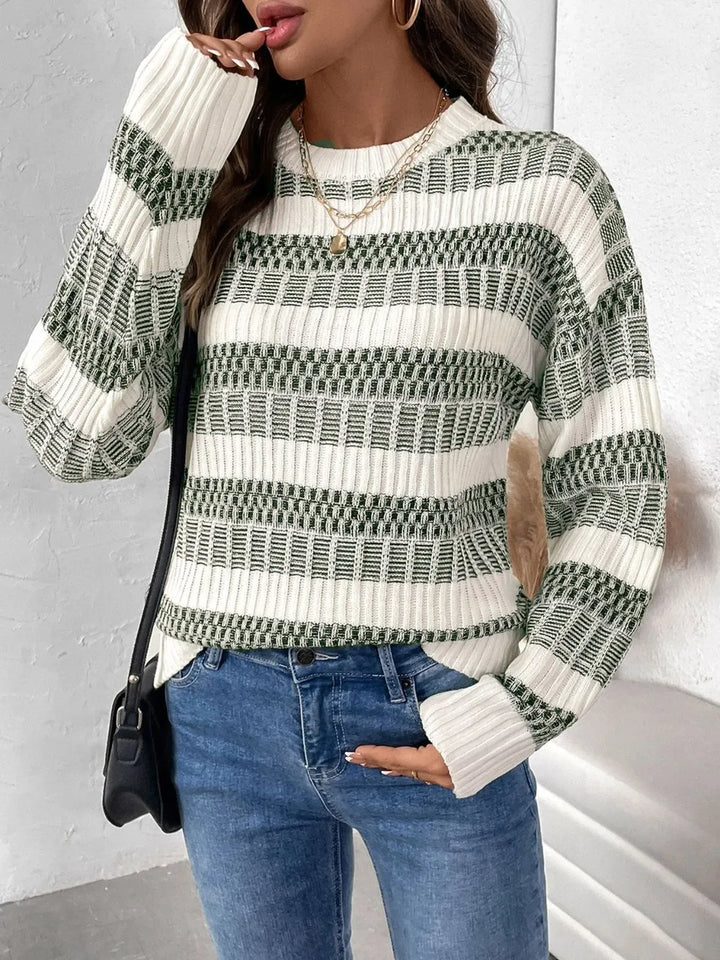 Sage Stripe Sweater – Contrast Knit Crewneck Pullover