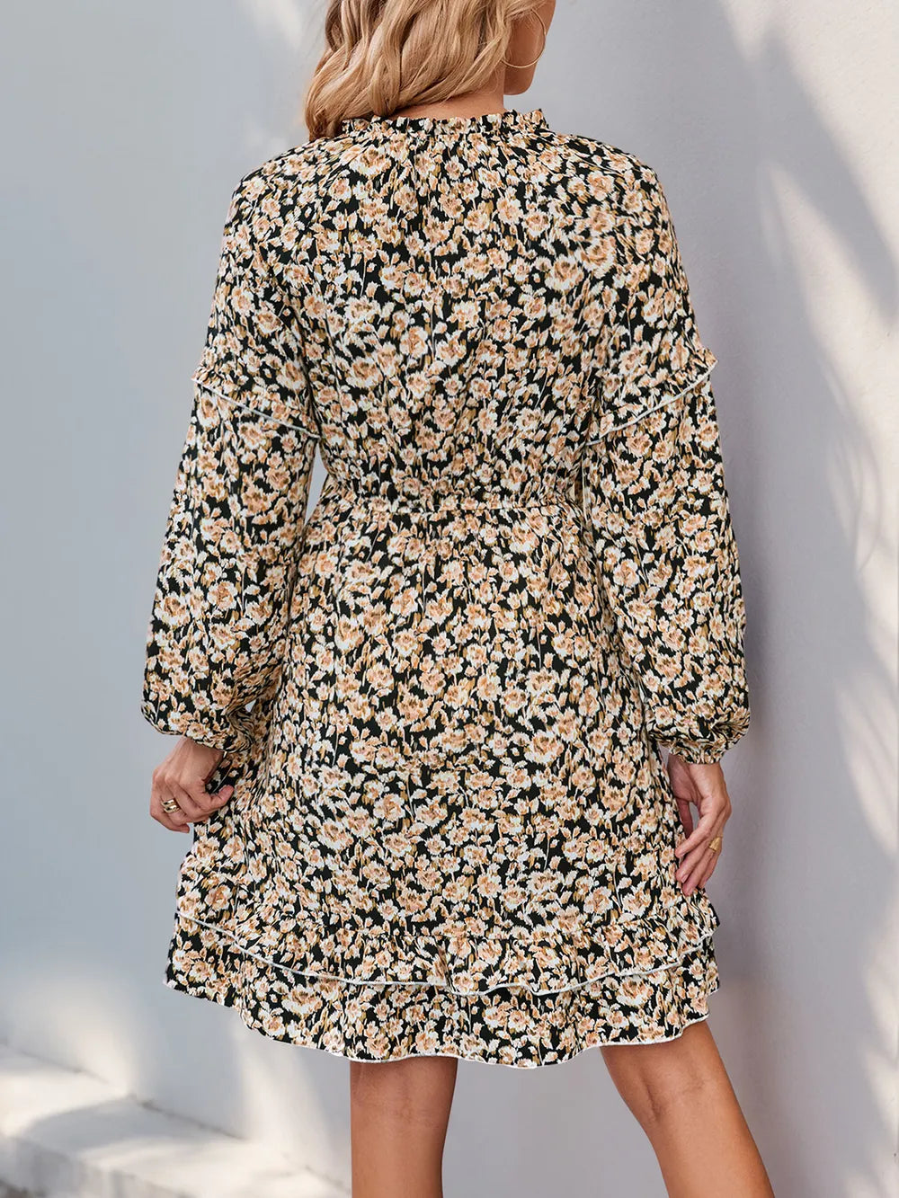Meadow Bloom Tie-Neck Floral Mini Dress