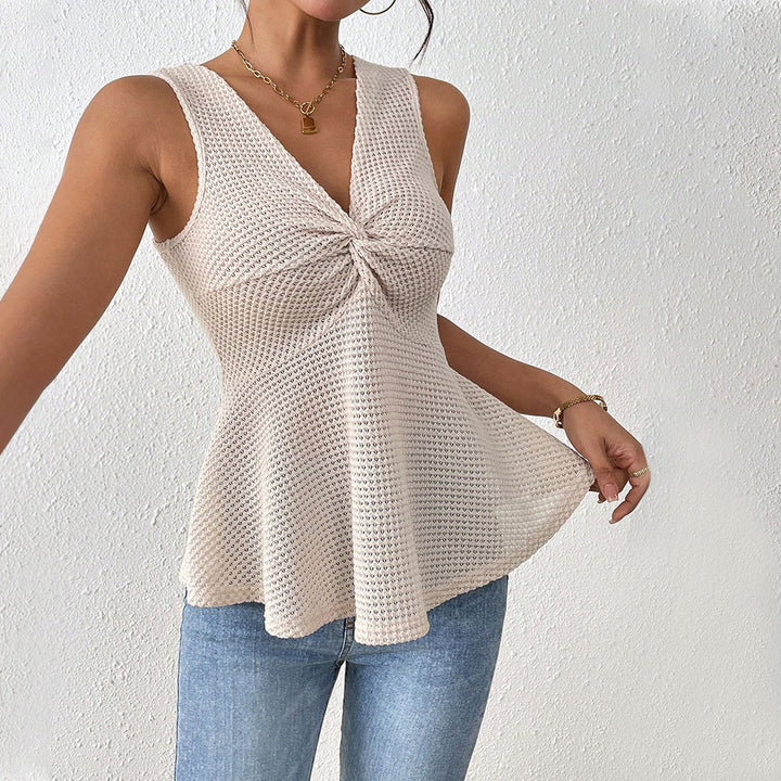 Pleated V-Neck Sleeveless Cinched-Waist Top