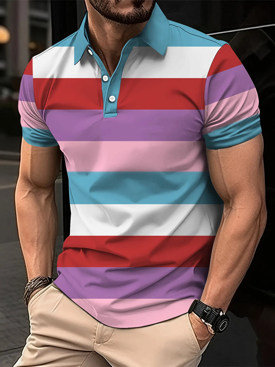 StratoStripe Polo Print Casual T-Shirt
