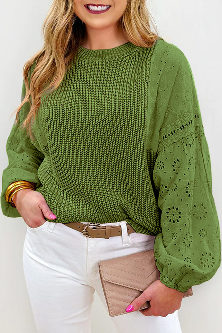 Willow Patchwork Sweater – Eyelet Sleeve Drop Shoulder Knit